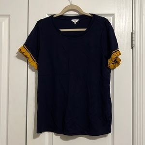 Crown & Ivy navy short sleeved top with mustard ruffle details, size large